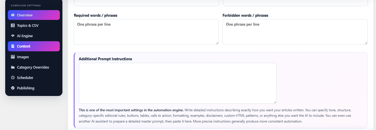 WP Auto Blog AI detailed writing instructions