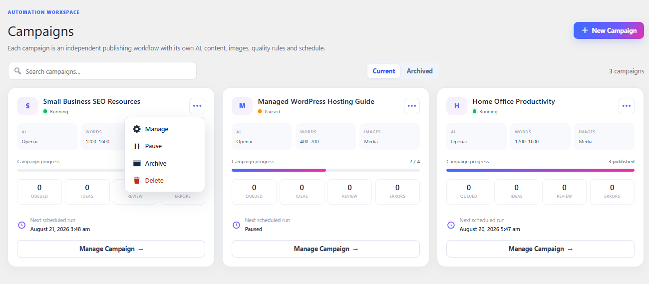 WP Auto Blog AI automated publishing setups