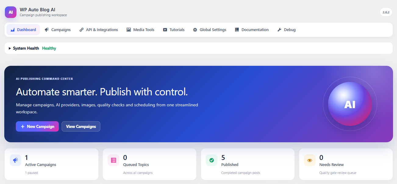 WP Auto Blog AI WordPress dashboard