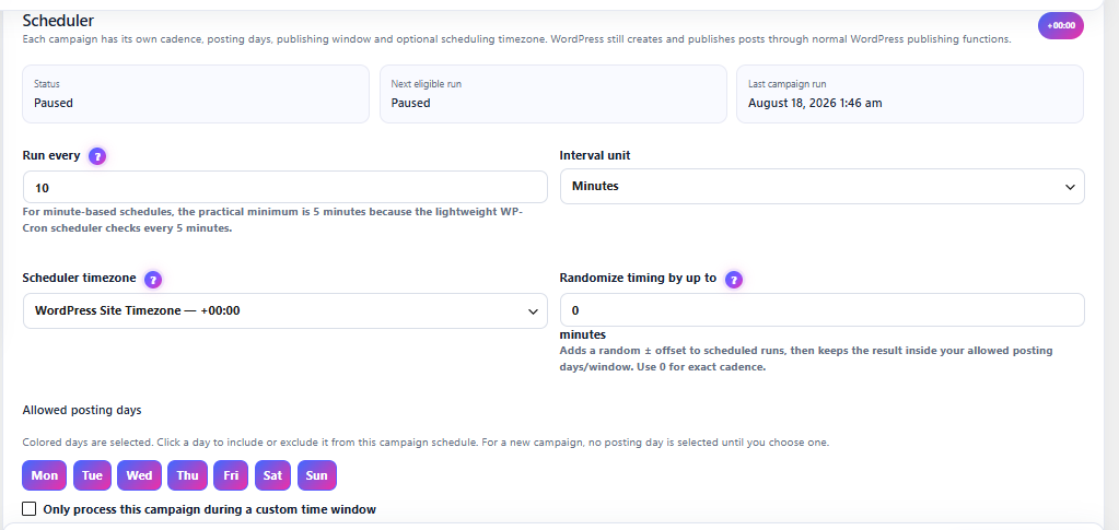 WP Auto Blog AI automatic publishing schedule